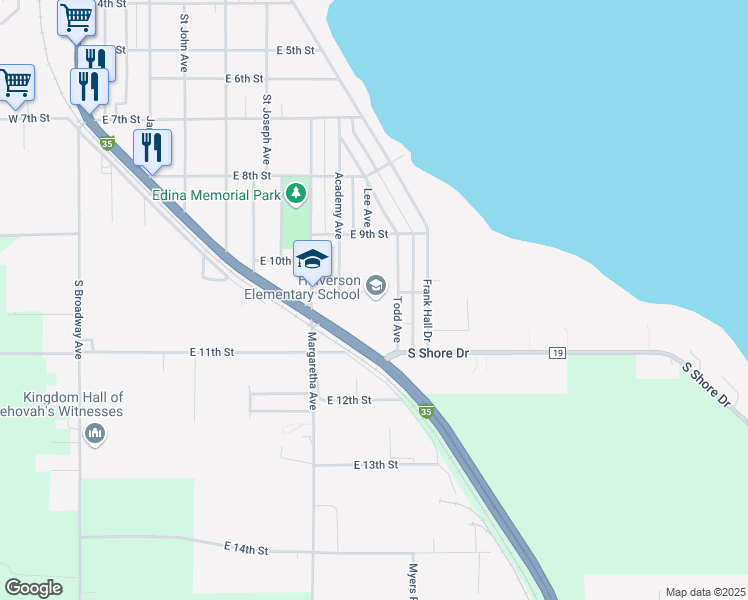 map of restaurants, bars, coffee shops, grocery stores, and more near 707 East 10th Street in Albert Lea