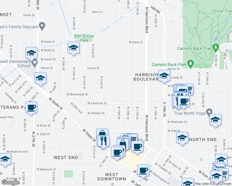 map of restaurants, bars, coffee shops, grocery stores, and more near 1903 West Ridenbaugh Street in Boise