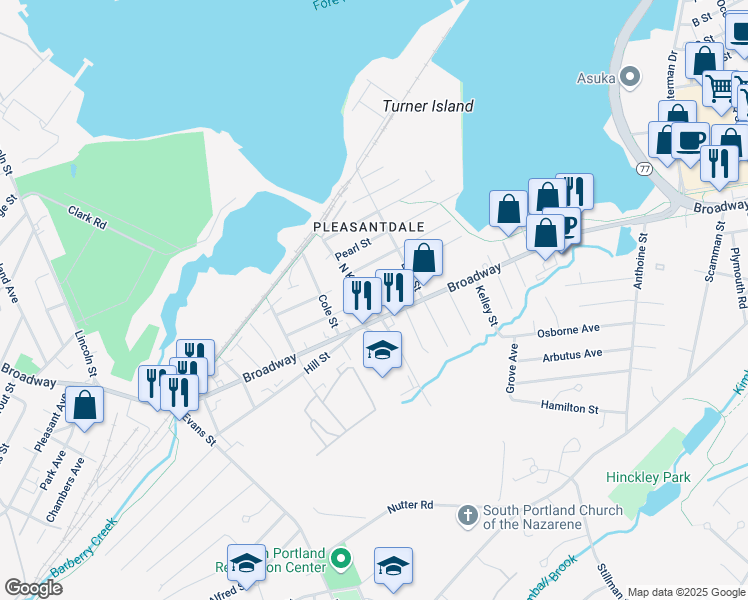 map of restaurants, bars, coffee shops, grocery stores, and more near 94 Chapel Street in South Portland