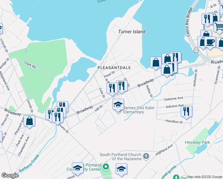 map of restaurants, bars, coffee shops, grocery stores, and more near 49 North Kelsey Street in South Portland