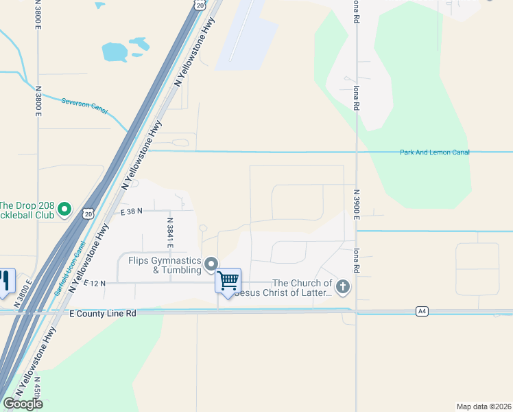 map of restaurants, bars, coffee shops, grocery stores, and more near 38 North White Pine Lane in Rigby
