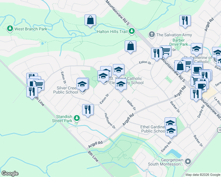 map of restaurants, bars, coffee shops, grocery stores, and more near 88 Eaton Street in Halton Hills