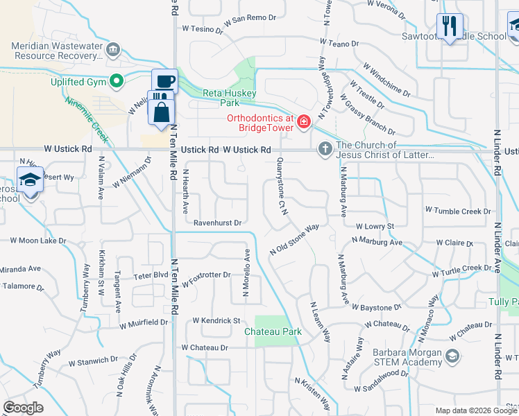 map of restaurants, bars, coffee shops, grocery stores, and more near 2989 North Fieldstone Way in Meridian