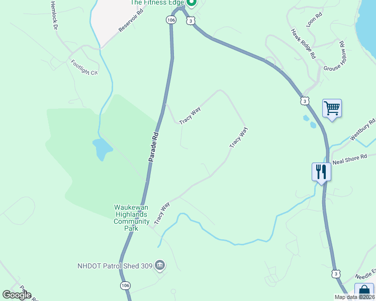 map of restaurants, bars, coffee shops, grocery stores, and more near 11 Tracy Way in Meredith