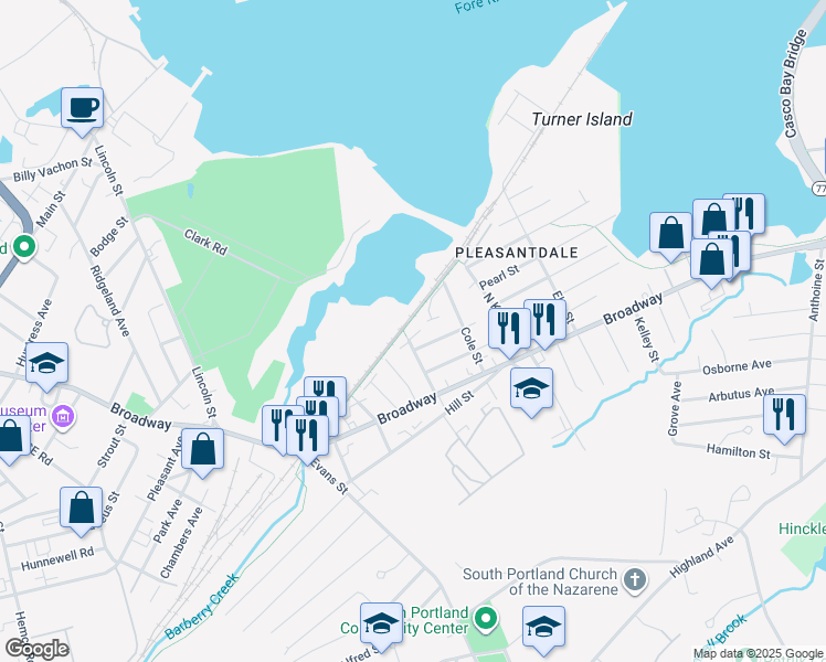 map of restaurants, bars, coffee shops, grocery stores, and more near 4 Latham Street in South Portland