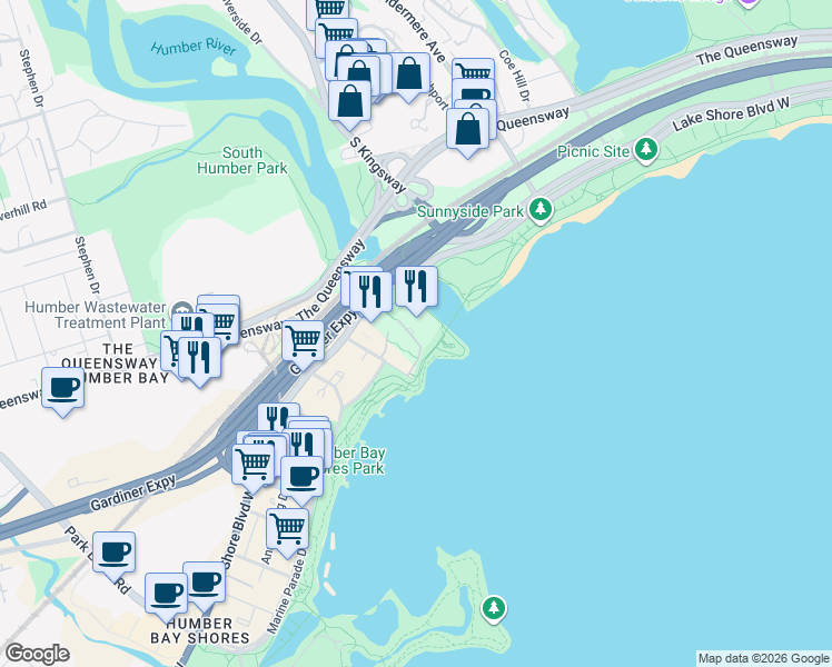 map of restaurants, bars, coffee shops, grocery stores, and more near 1 Palace Pier Court in Toronto