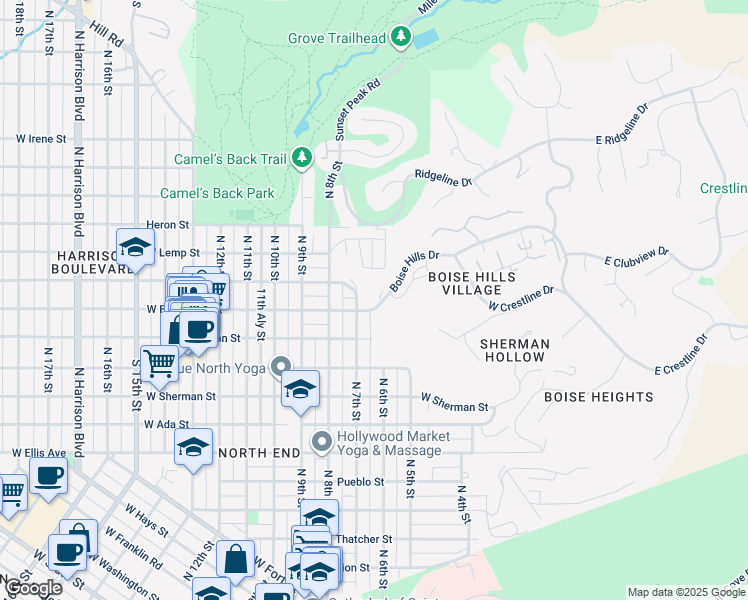 map of restaurants, bars, coffee shops, grocery stores, and more near 2303 Heights Drive in Boise