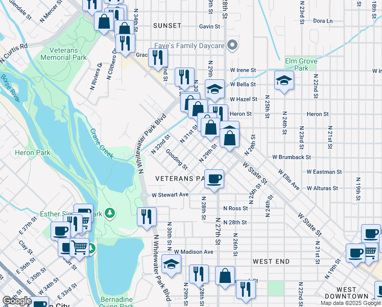 map of restaurants, bars, coffee shops, grocery stores, and more near 1017 North 30th Street in Boise