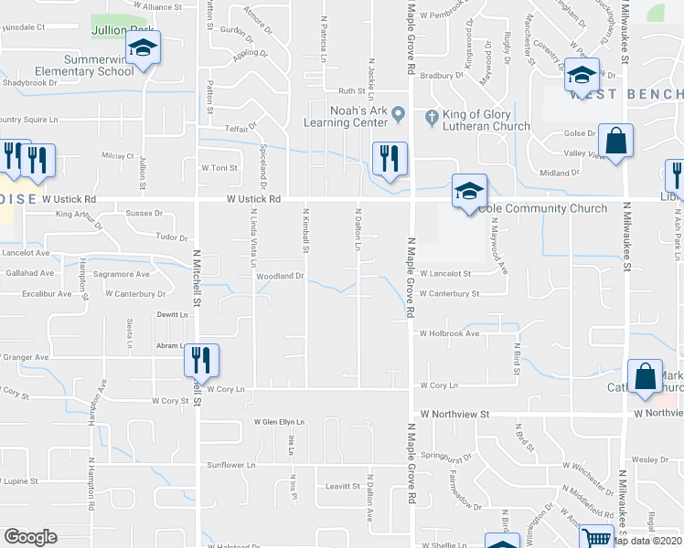 map of restaurants, bars, coffee shops, grocery stores, and more near 2913 North Dalton Lane in Boise