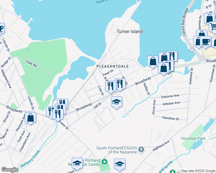 map of restaurants, bars, coffee shops, grocery stores, and more near 49 North Kelsey Street in South Portland