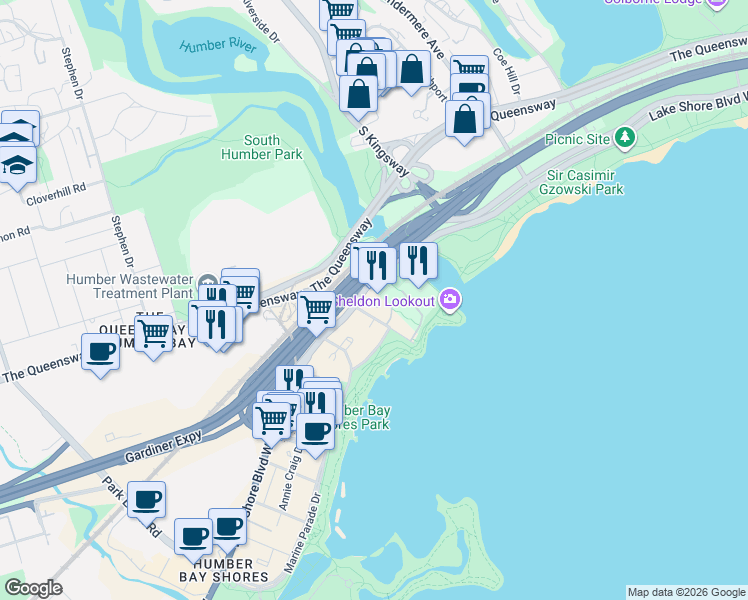 map of restaurants, bars, coffee shops, grocery stores, and more near 2045 Lake Shore Boulevard West in Toronto