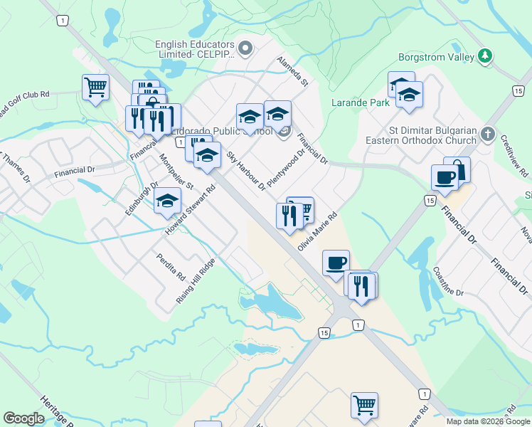 map of restaurants, bars, coffee shops, grocery stores, and more near 58 Sky Harbour Drive in Brampton
