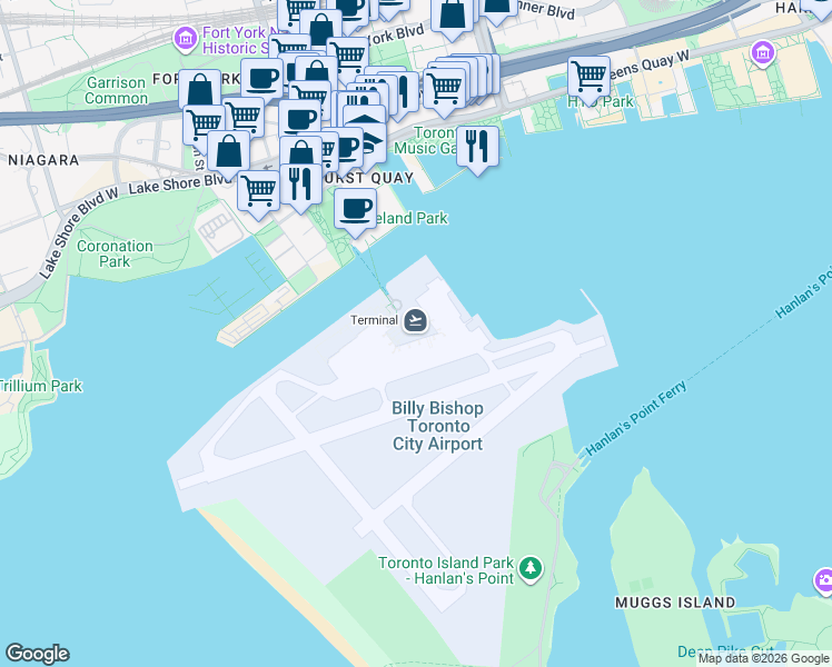 map of restaurants, bars, coffee shops, grocery stores, and more near 2 Eireann Quay in Toronto
