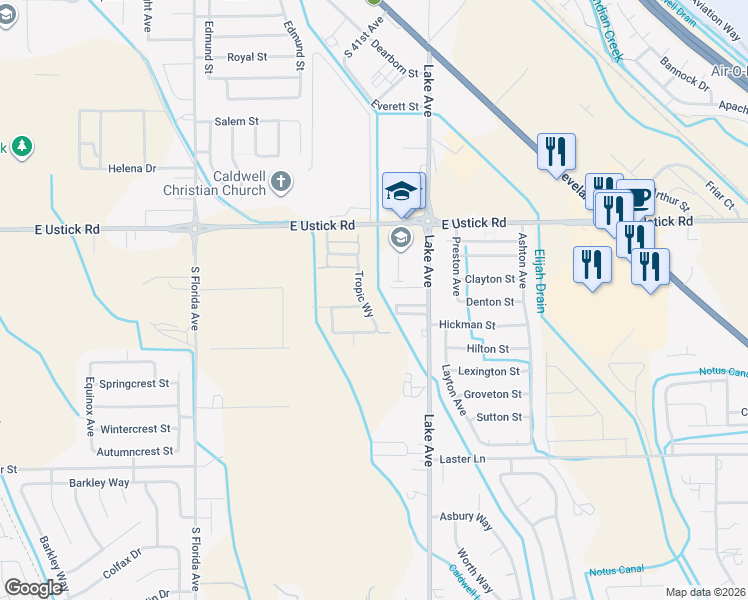 map of restaurants, bars, coffee shops, grocery stores, and more near 4310 South Lake Avenue in Caldwell