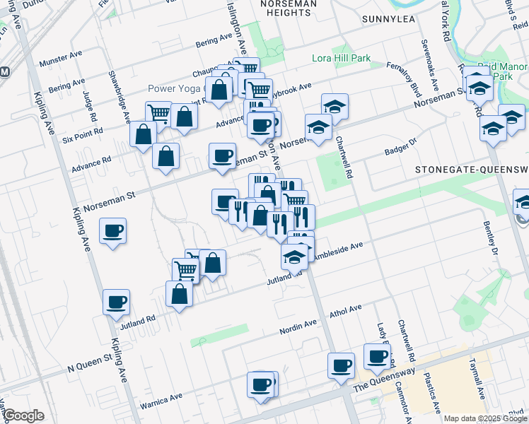 map of restaurants, bars, coffee shops, grocery stores, and more near 1020 Islington Avenue in Toronto