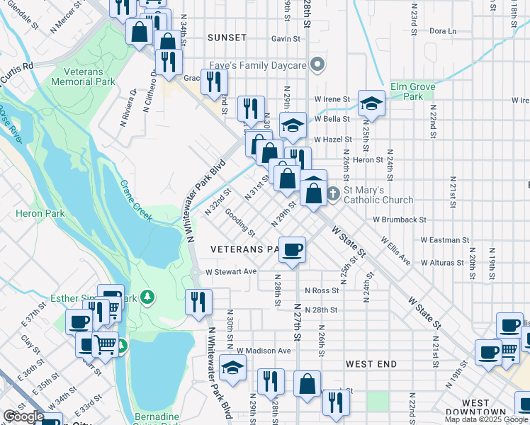 map of restaurants, bars, coffee shops, grocery stores, and more near 1017 North 30th Street in Boise