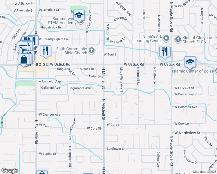 map of restaurants, bars, coffee shops, grocery stores, and more near 9785 West Woodchuck Lane in Boise
