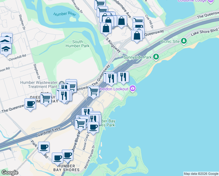 map of restaurants, bars, coffee shops, grocery stores, and more near 2045 Lake Shore Boulevard West in Toronto