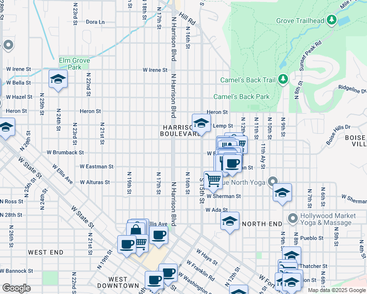 map of restaurants, bars, coffee shops, grocery stores, and more near 1420 North Harrison Boulevard in Boise