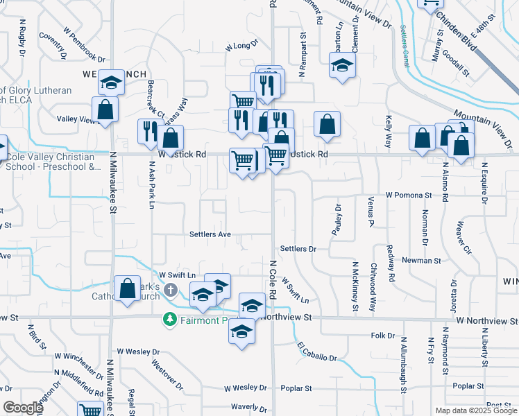 map of restaurants, bars, coffee shops, grocery stores, and more near 2999 North Cole Road in Boise