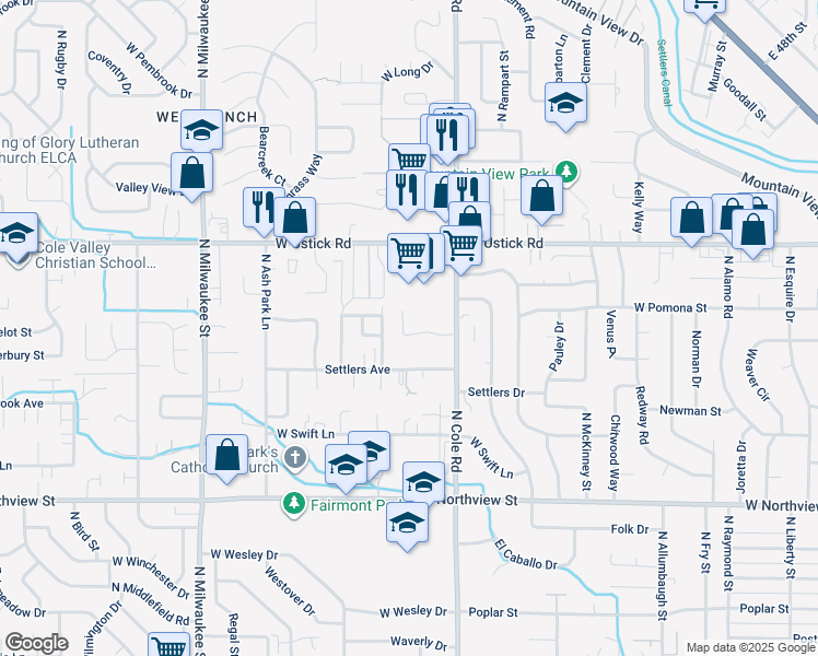 map of restaurants, bars, coffee shops, grocery stores, and more near 2999 North Cole Road in Boise