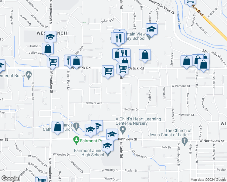 map of restaurants, bars, coffee shops, grocery stores, and more near 2999 North Cole Road in Boise