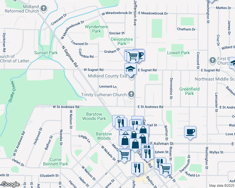 map of restaurants, bars, coffee shops, grocery stores, and more near 1501 Leonard Lane in Midland