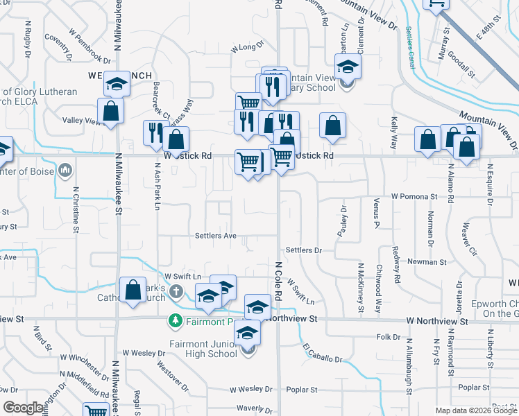 map of restaurants, bars, coffee shops, grocery stores, and more near 2999 North Cole Road in Boise