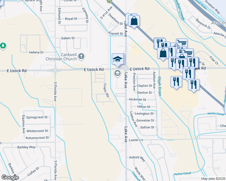 map of restaurants, bars, coffee shops, grocery stores, and more near 4310 South Lake Avenue in Caldwell