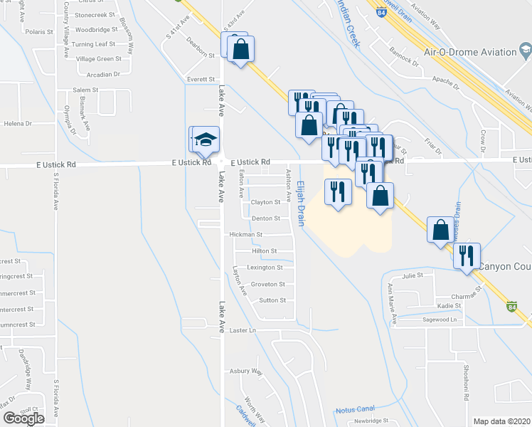 map of restaurants, bars, coffee shops, grocery stores, and more near 3907 Denton Street in Caldwell