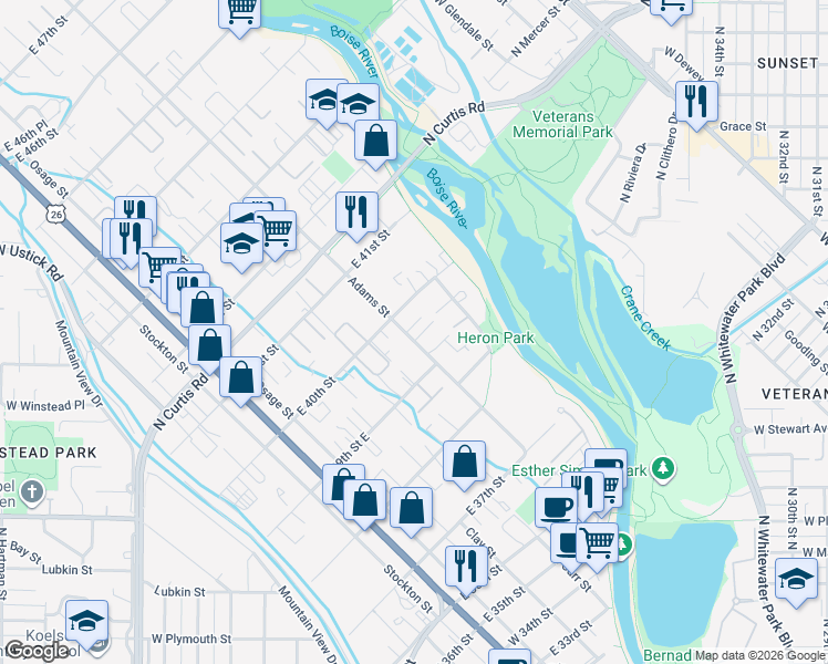map of restaurants, bars, coffee shops, grocery stores, and more near 3972 North Adams Street in Boise