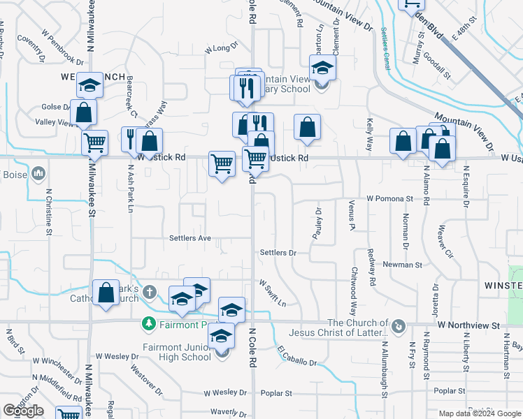 map of restaurants, bars, coffee shops, grocery stores, and more near 3035 North Grandee Street in Boise