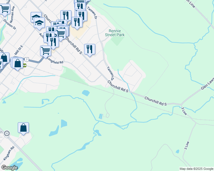 map of restaurants, bars, coffee shops, grocery stores, and more near 196 Churchill Road South in Acton