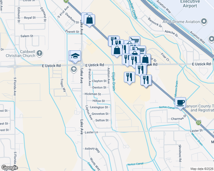 map of restaurants, bars, coffee shops, grocery stores, and more near 4301 Ashton Avenue in Caldwell