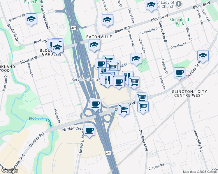 map of restaurants, bars, coffee shops, grocery stores, and more near 250 The East Mall in Toronto