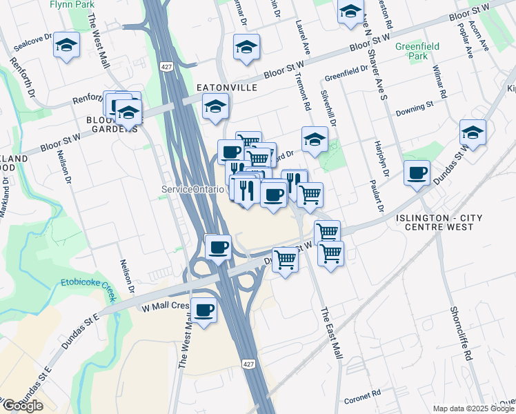 map of restaurants, bars, coffee shops, grocery stores, and more near 250 The East Mall in Toronto