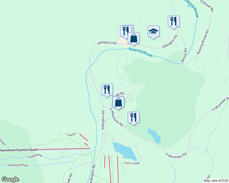 map of restaurants, bars, coffee shops, grocery stores, and more near 203 Old Mill Road in Killington