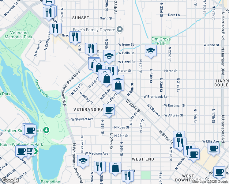 map of restaurants, bars, coffee shops, grocery stores, and more near 2620 West State Street in Boise