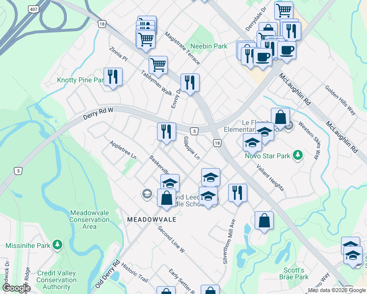 map of restaurants, bars, coffee shops, grocery stores, and more near 7094 Gillespie Lane in Mississauga
