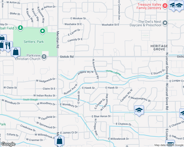 map of restaurants, bars, coffee shops, grocery stores, and more near 466 East Baldwin Street in Meridian