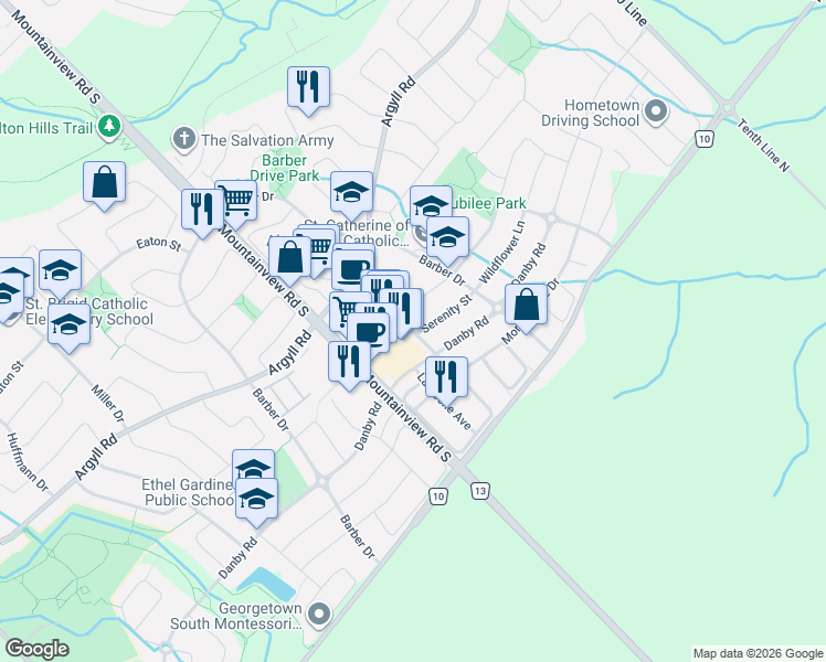 map of restaurants, bars, coffee shops, grocery stores, and more near 31 Niagara Trail in Halton Hills