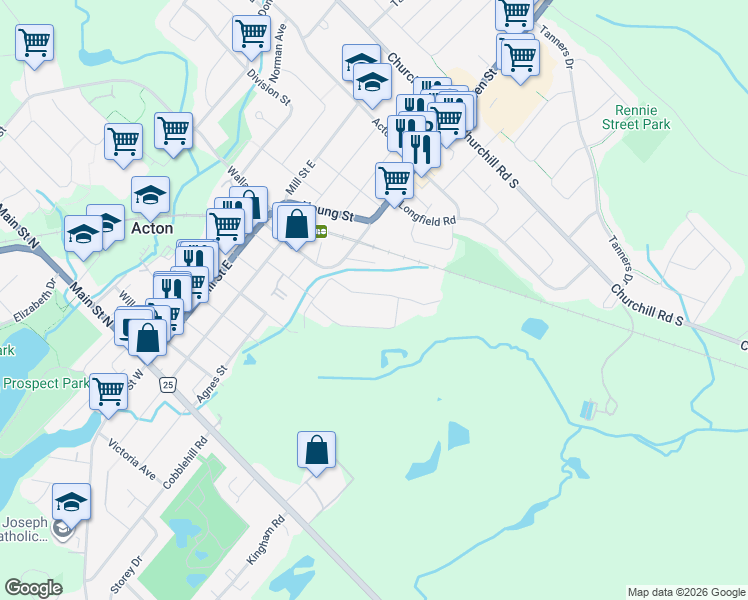 map of restaurants, bars, coffee shops, grocery stores, and more near 126 Poplar Avenue in Acton
