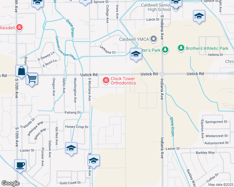 map of restaurants, bars, coffee shops, grocery stores, and more near 1420 E Ustick Rd in Caldwell