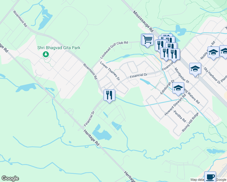 map of restaurants, bars, coffee shops, grocery stores, and more near 8622 Financial Drive in Brampton