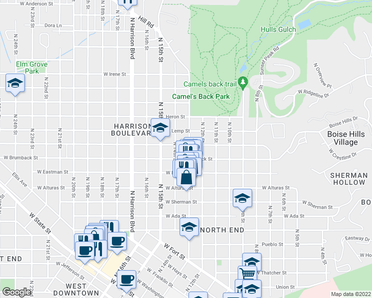 map of restaurants, bars, coffee shops, grocery stores, and more near 1717 North 13th Street in Boise