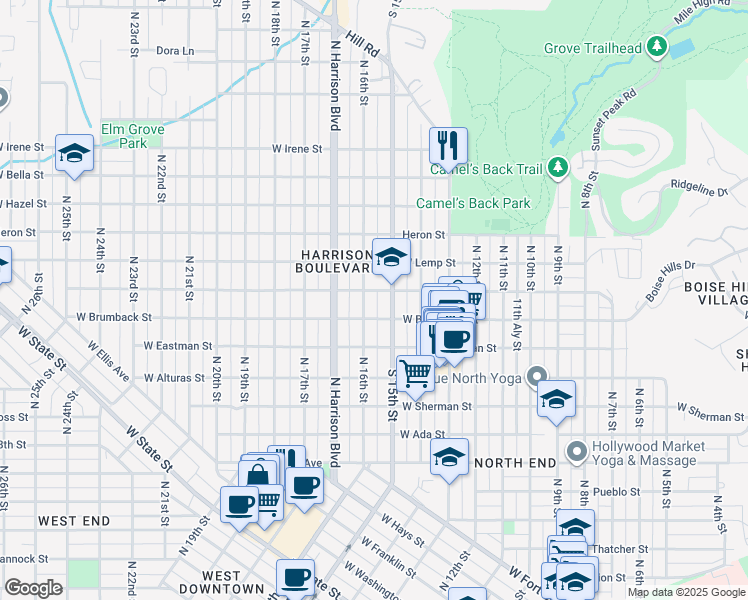 map of restaurants, bars, coffee shops, grocery stores, and more near 1531 West Ridenbaugh Street in Boise