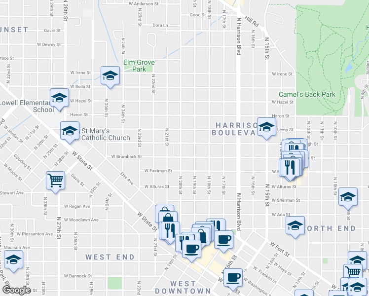 map of restaurants, bars, coffee shops, grocery stores, and more near 1903 West Ridenbaugh Street in Boise