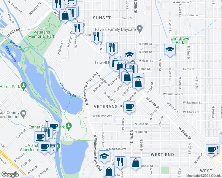 map of restaurants, bars, coffee shops, grocery stores, and more near 919 North 31st Street in Boise