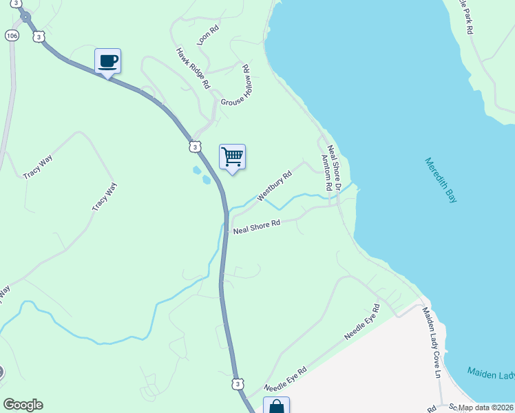 map of restaurants, bars, coffee shops, grocery stores, and more near 9 Westbury Road in Meredith