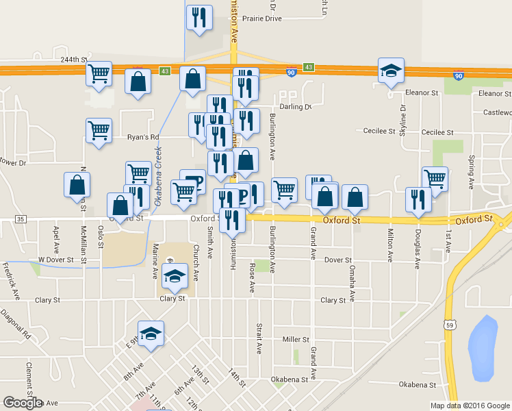 map of restaurants, bars, coffee shops, grocery stores, and more near 1433 Oxford Street in Worthington